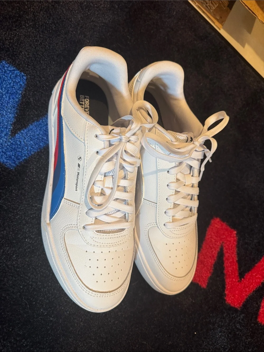 Men's Puma BMW White Low-Top Sneakers with Red & Blue Accents